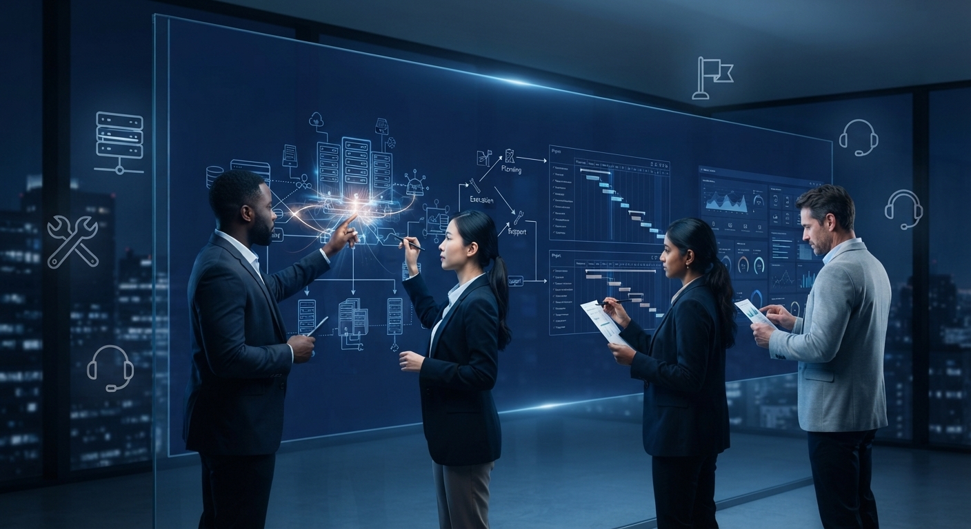 Équipe professionnelle en collaboration sur un projet informatique